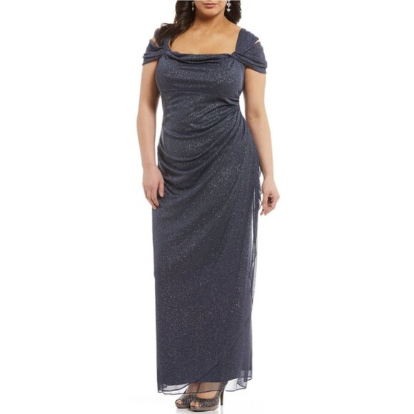 ALEX EVENINGS Cowl Neck Cap Sleeve Glitter Maxi Gown Dress in Dark Gray Cocktail - Picture 1 of 14